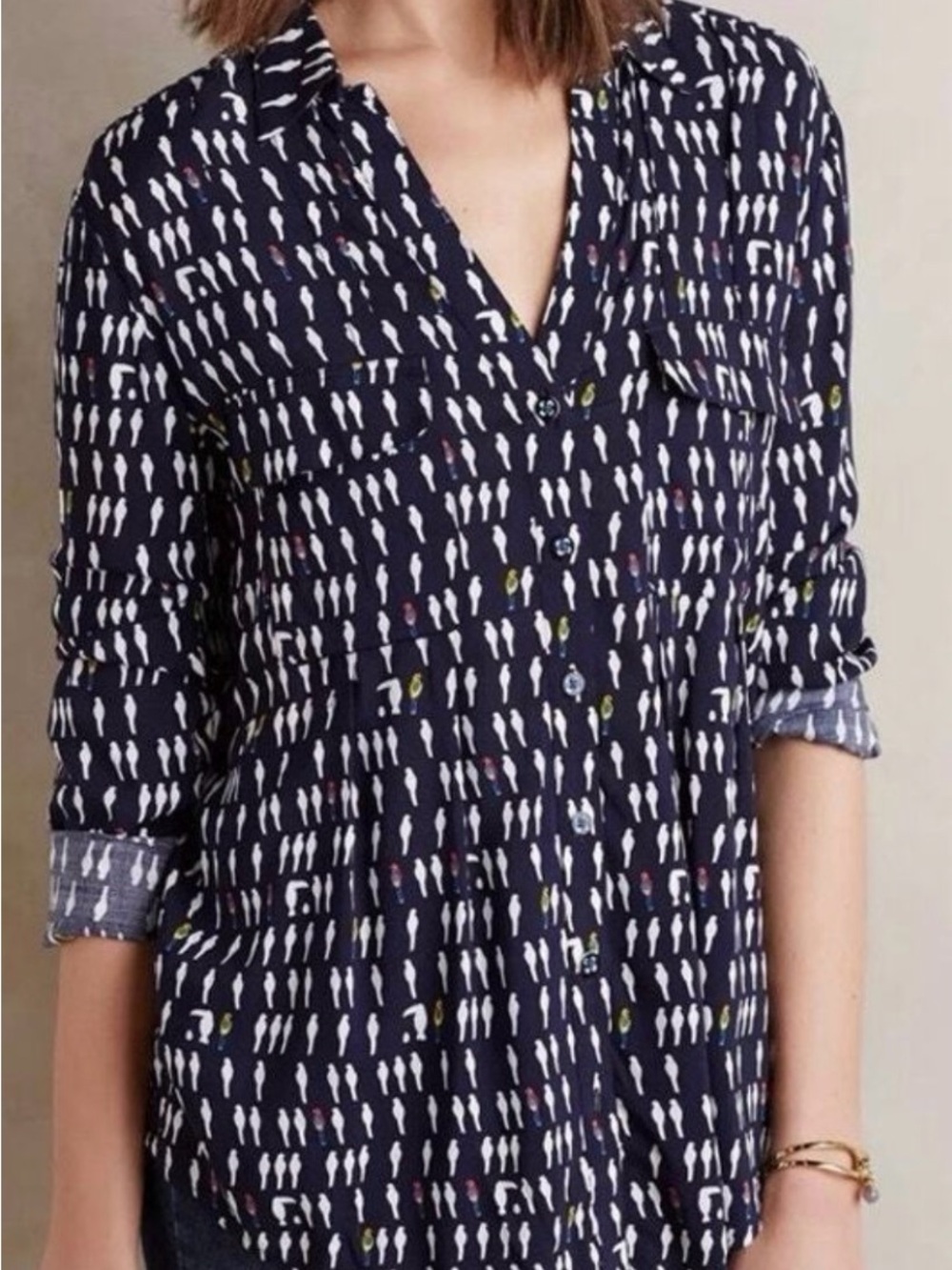 Anthropologie Maeve Navy Bird Patterned Blouse size 10